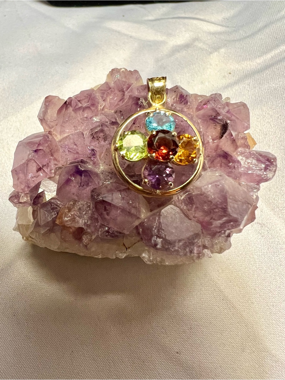 Flower Pendant,14k YG with gemstones Topaz, Citrine, Amethyst, Peridot, Garnet.